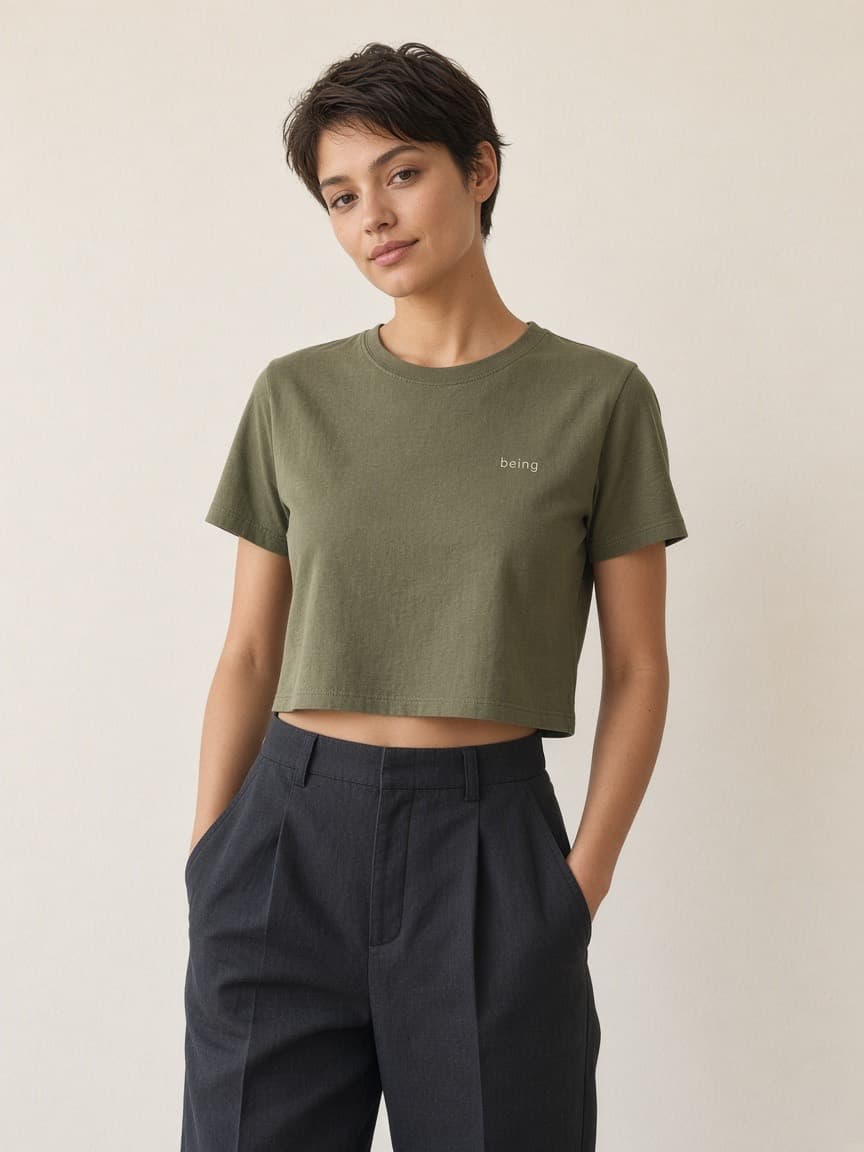 Crop Being in Olive, worn